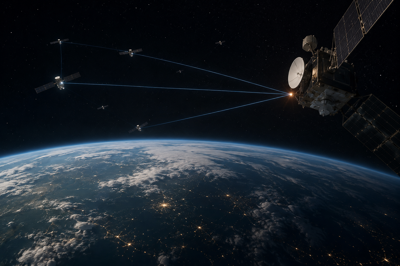 Satellite mesh networked to a sovereign ground station above Earth at night — quantum-safe communications
